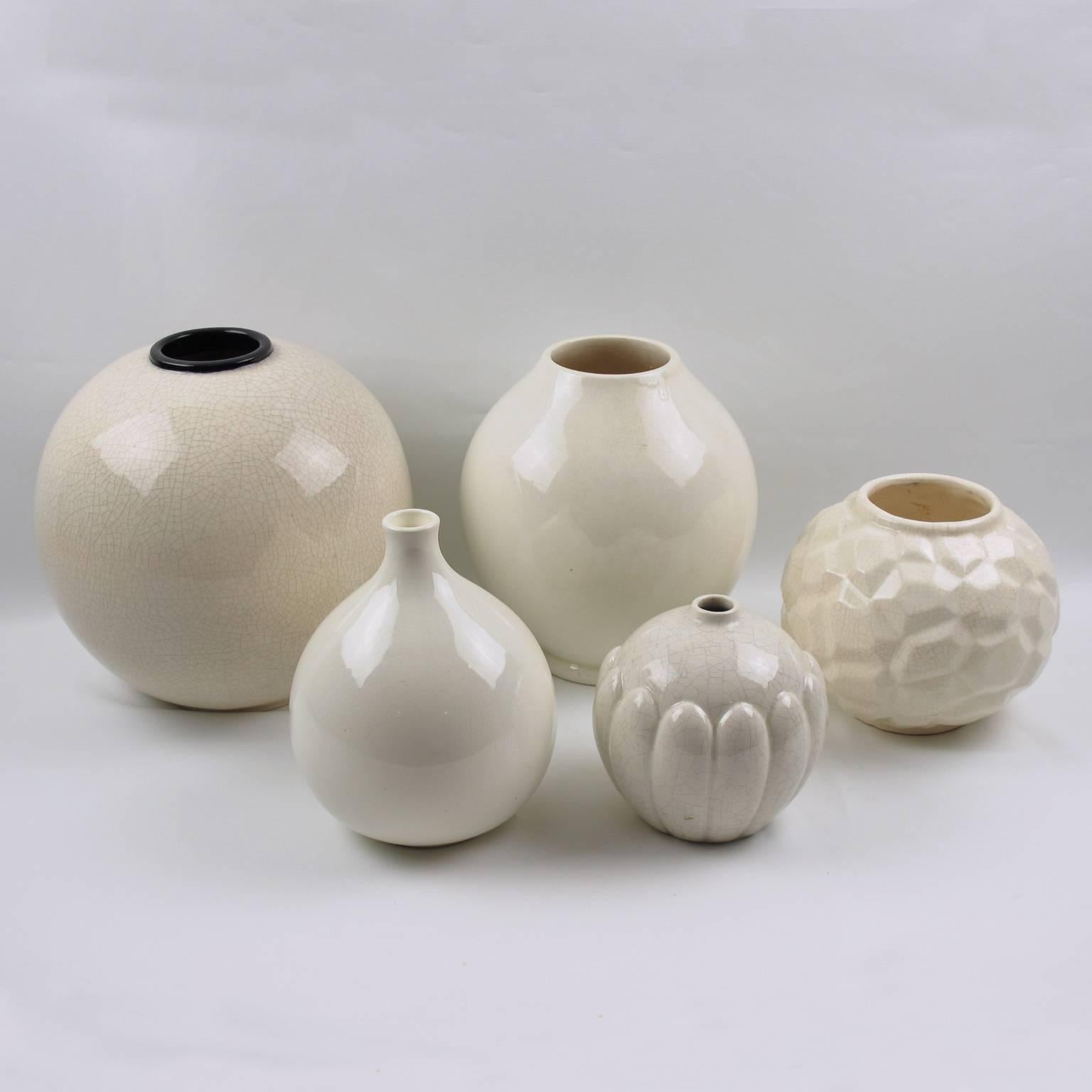 French Saint Clement Modernist Art Deco Off-White Crackle Glaze Ceramic Vase 4