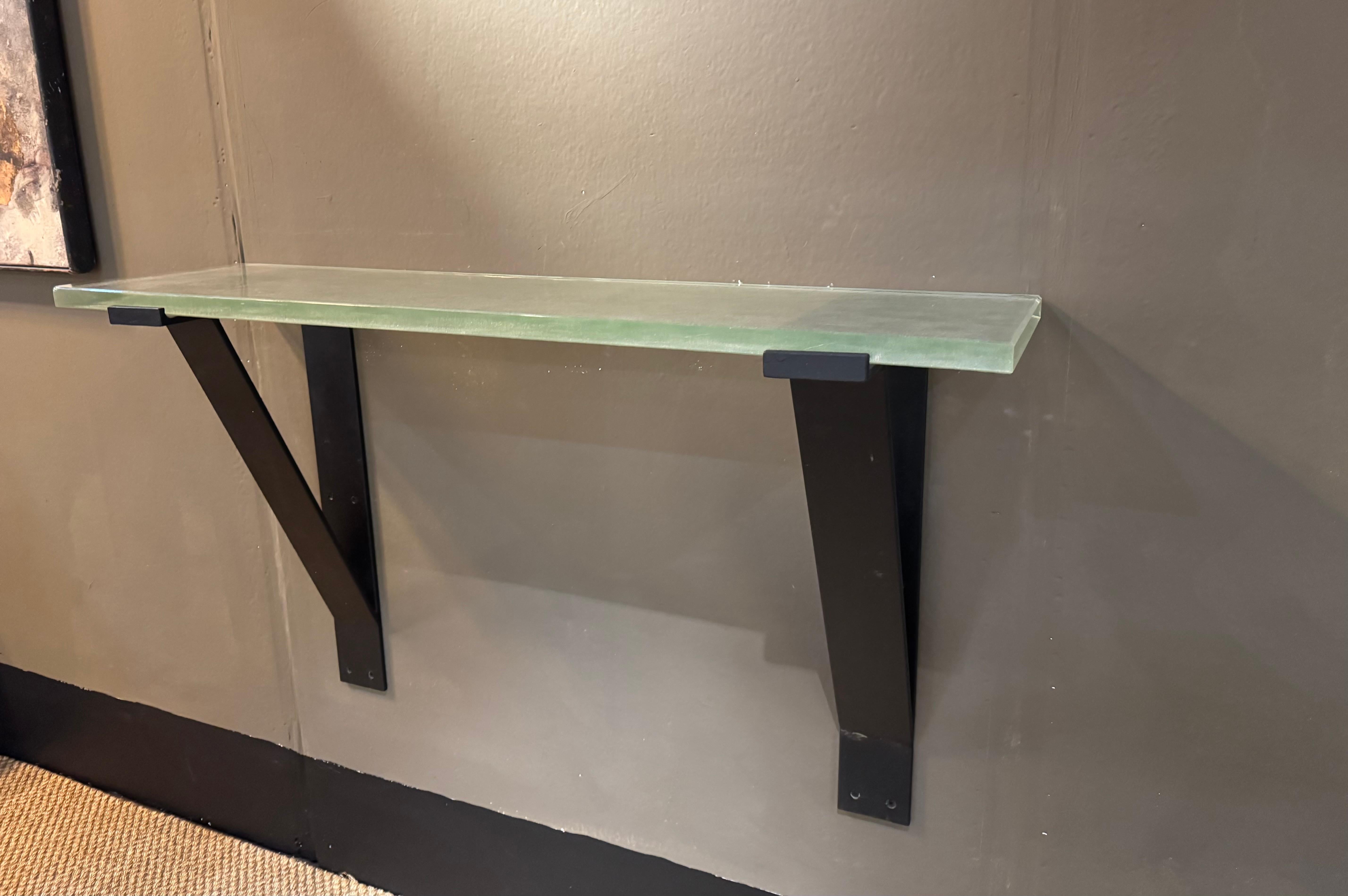 French Saint Gobain glass and iron wall mounted console table For Sale 3
