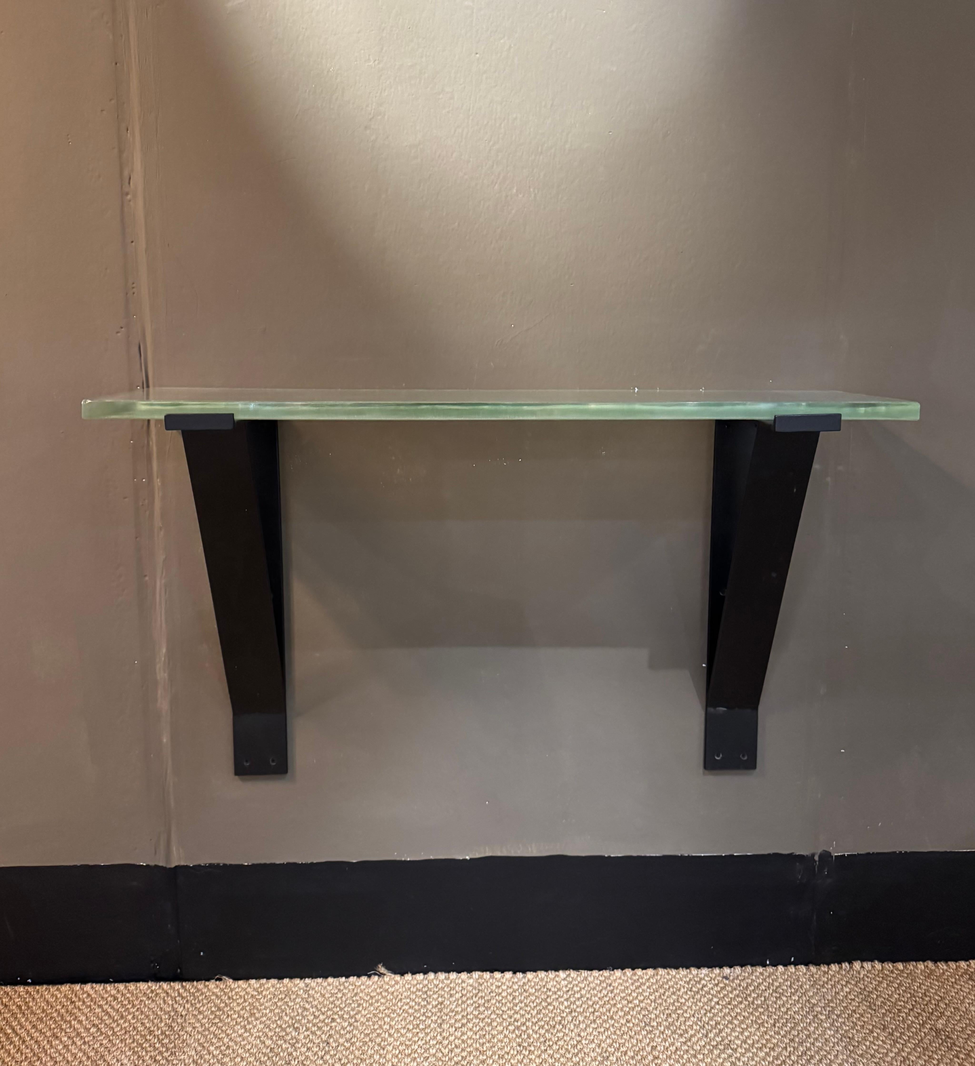 Art Deco French Saint Gobain glass and iron wall mounted console table For Sale