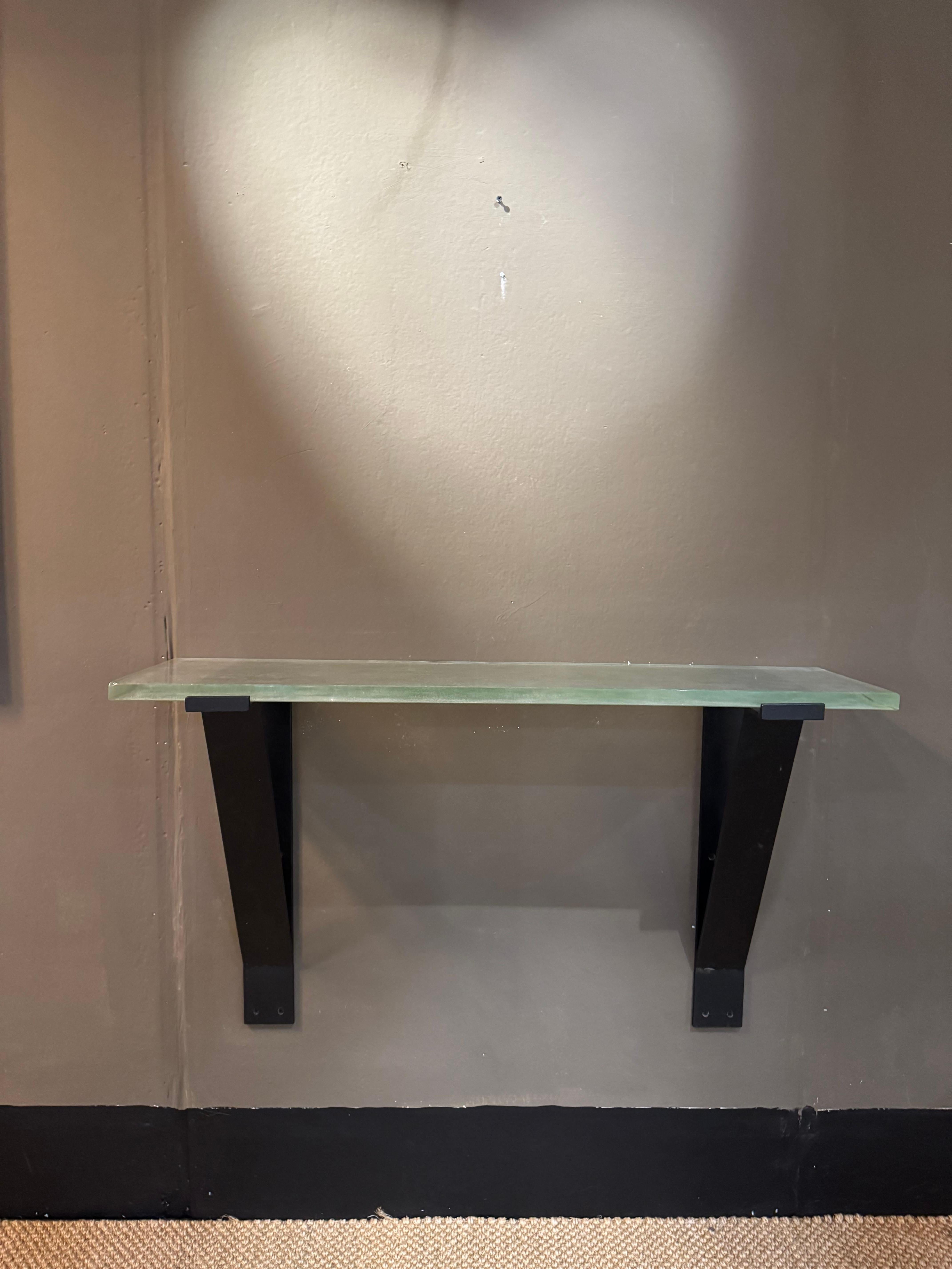 Cast French Saint Gobain glass and iron wall mounted console table For Sale