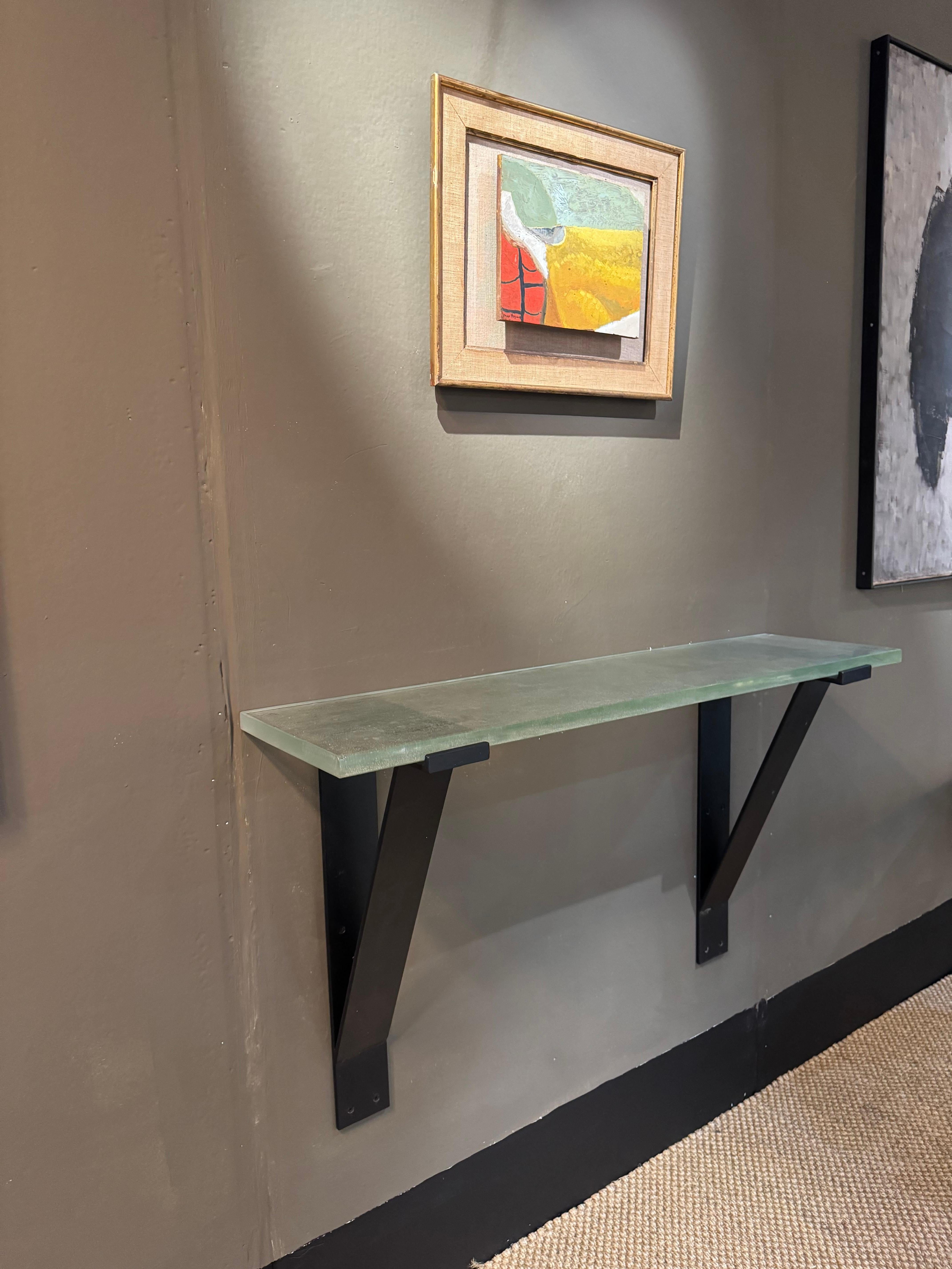 Glass French Saint Gobain glass and iron wall mounted console table For Sale