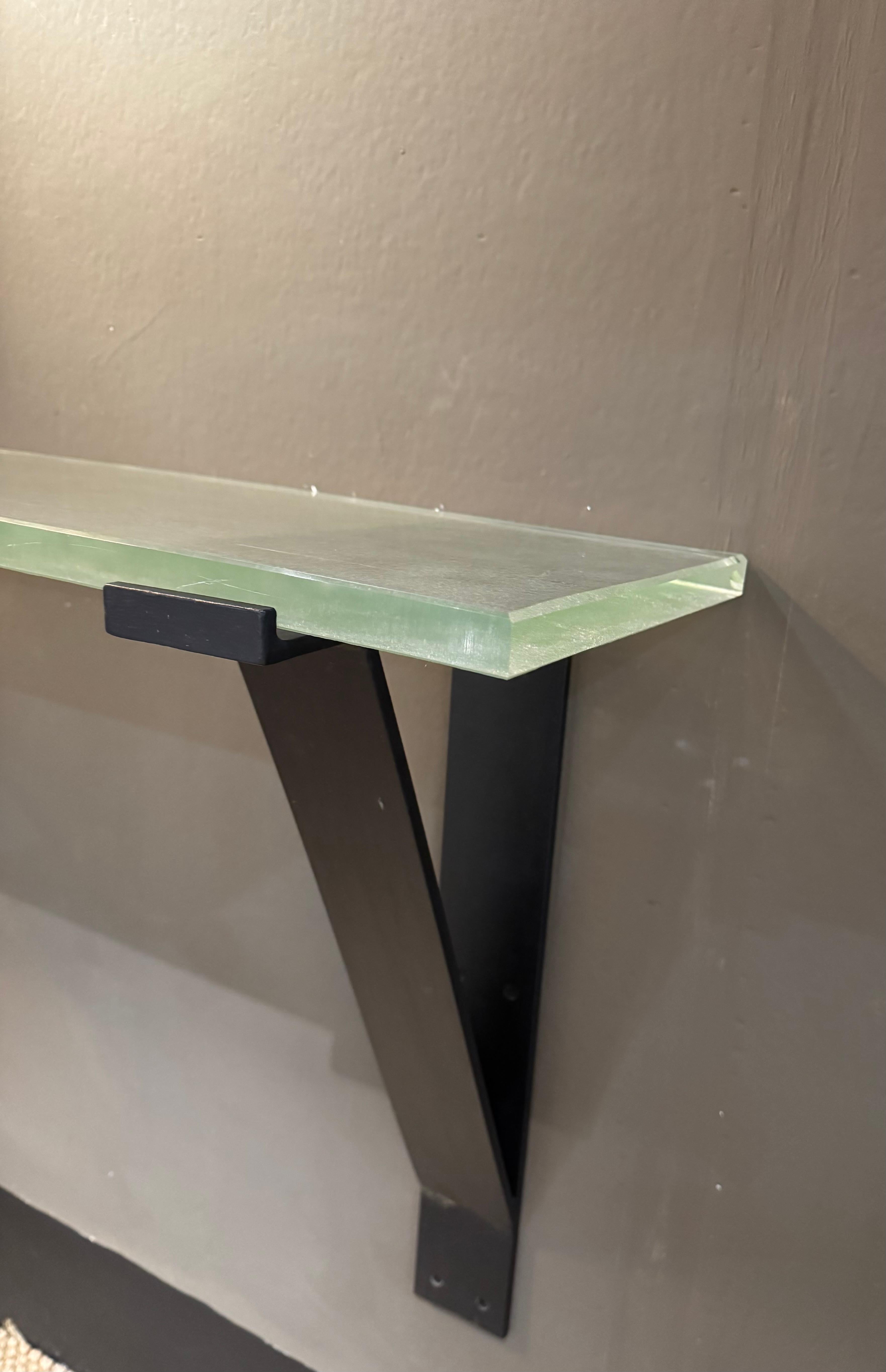 French Saint Gobain glass and iron wall mounted console table For Sale 2