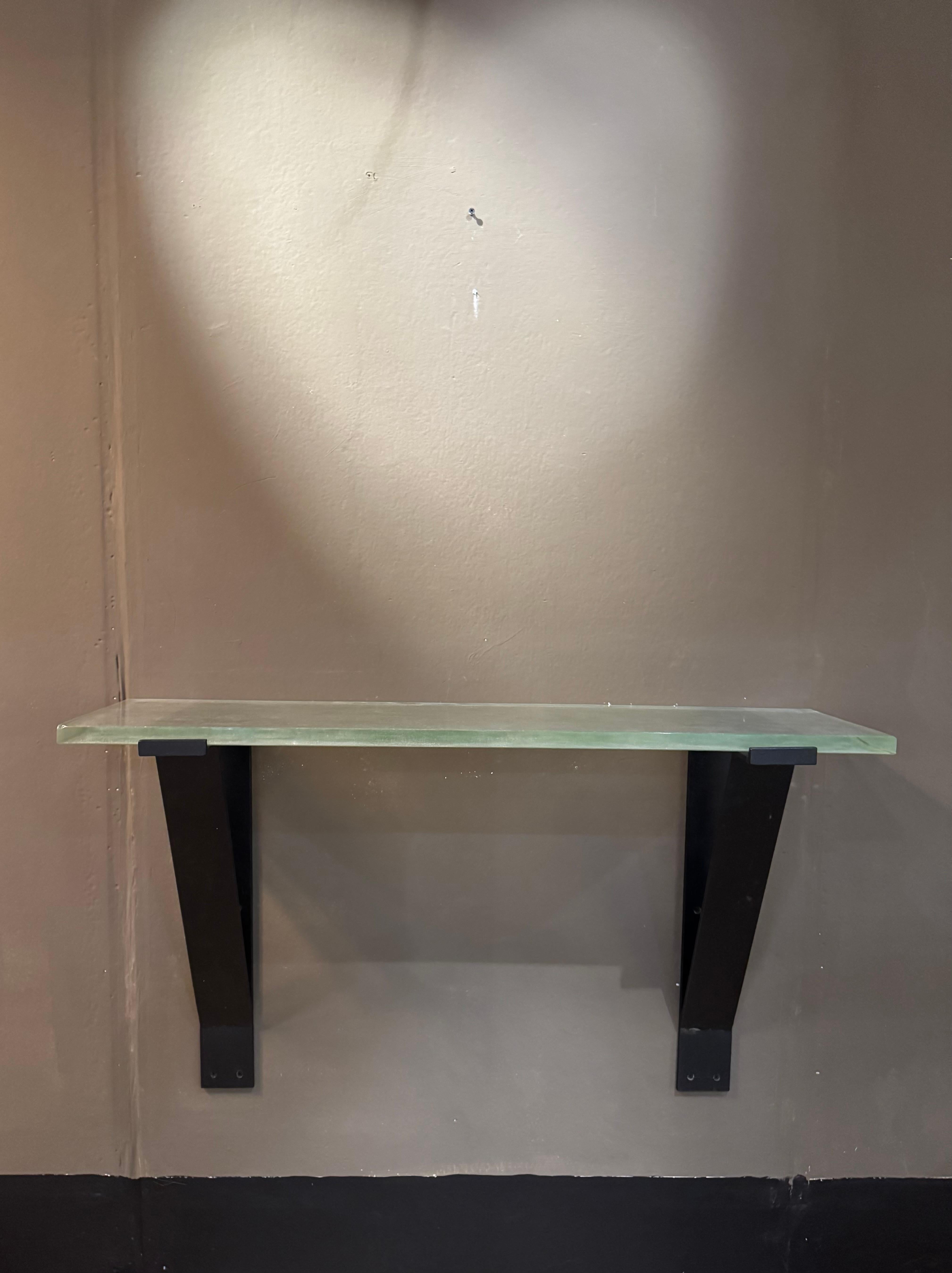Painted French Saint Gobain Modernist  glass and iron wall mounted console table For Sale