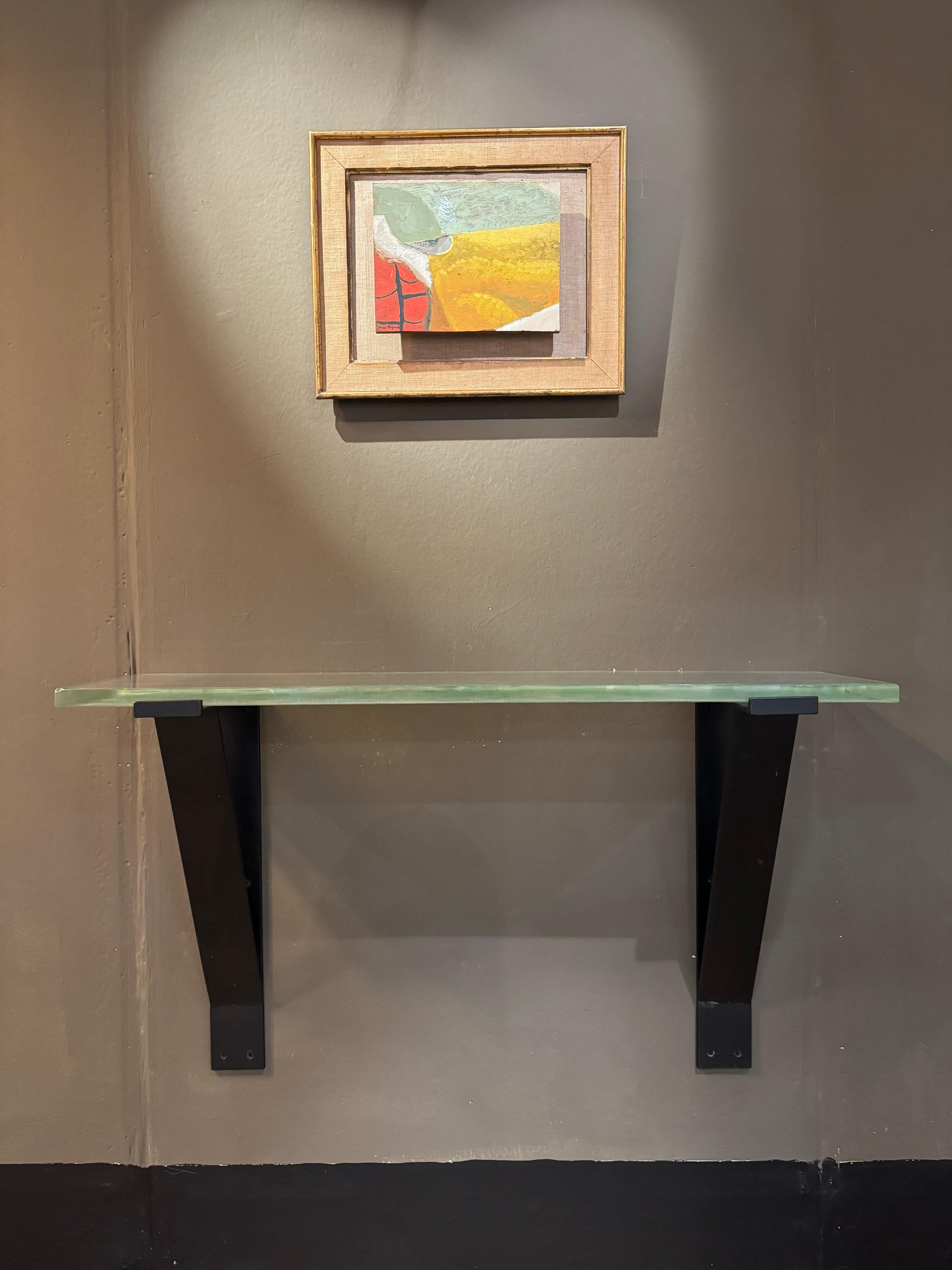 Early 20th Century French Saint Gobain Modernist  glass and iron wall mounted console table For Sale