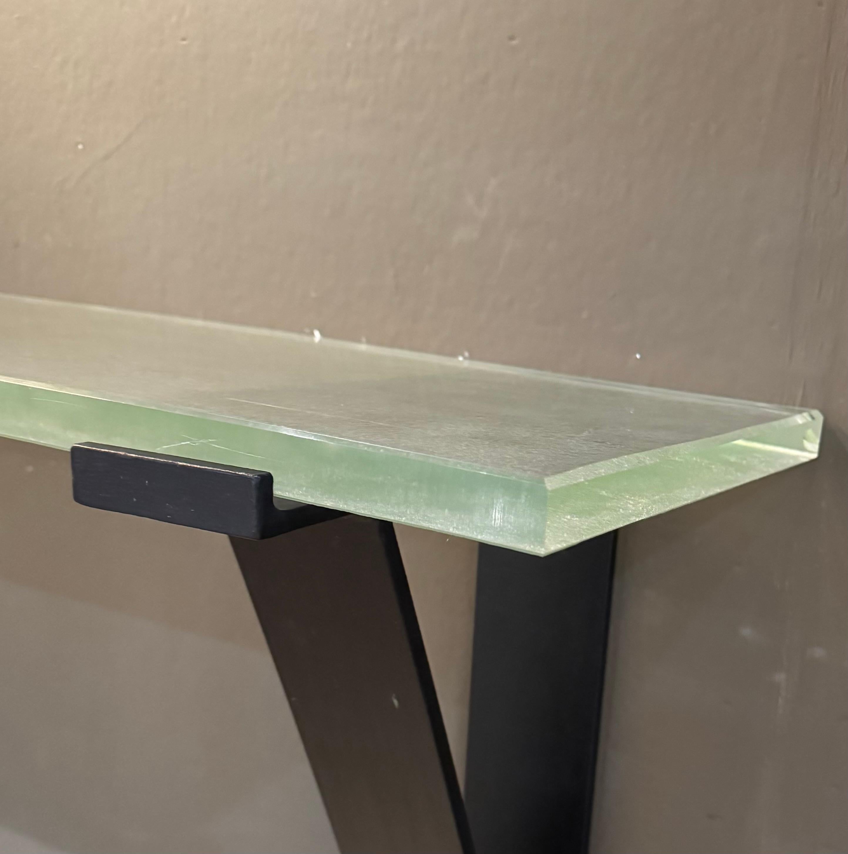 Glass French Saint Gobain Modernist  glass and iron wall mounted console table For Sale