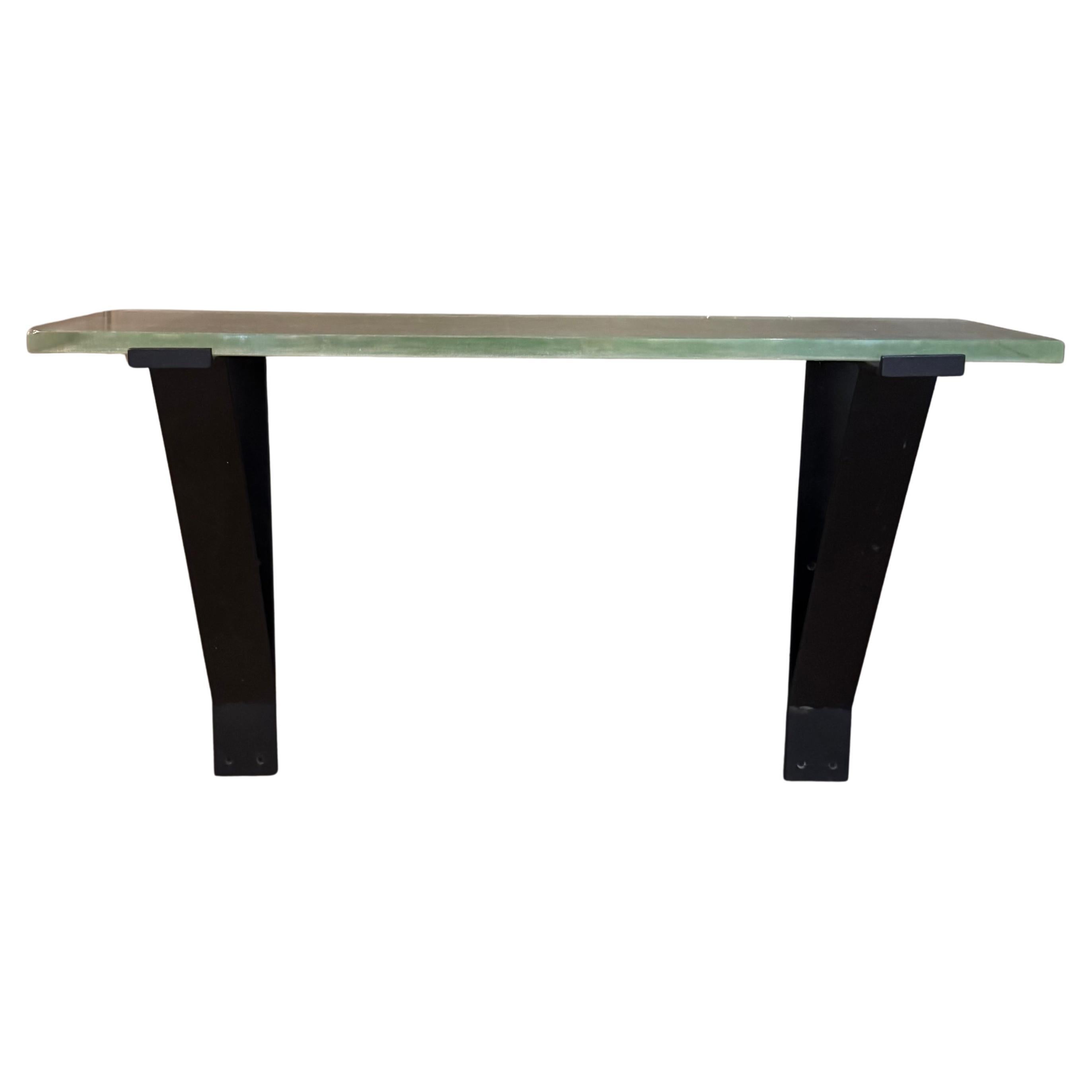 French Saint Gobain Modernist  glass and iron wall mounted console table For Sale
