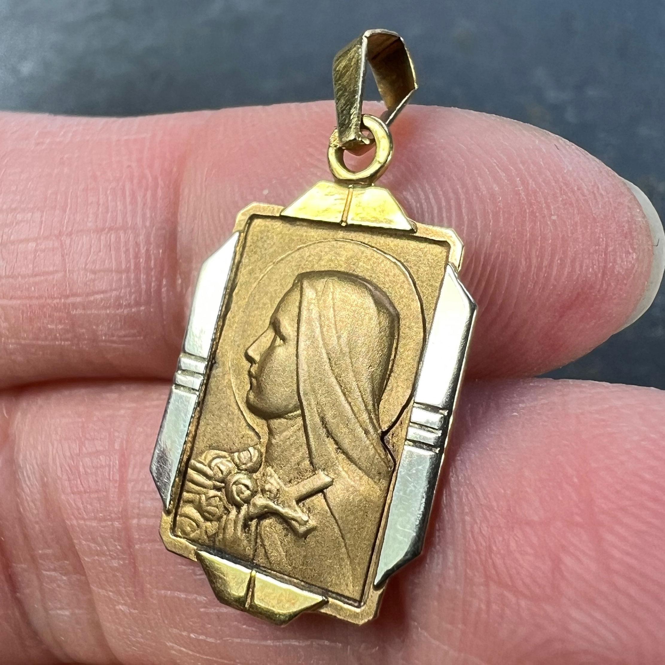 French Saint Therese 18K Yellow White Gold Charm Pendant For Sale 2