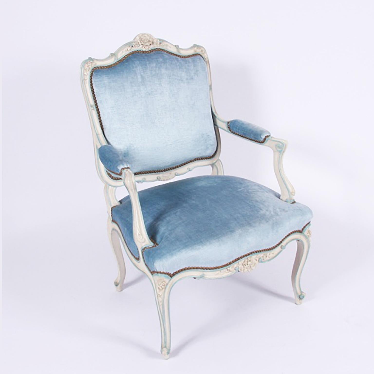 French, circa 1900.

A stunning salon chair, with baby blue velvet upholstery.
