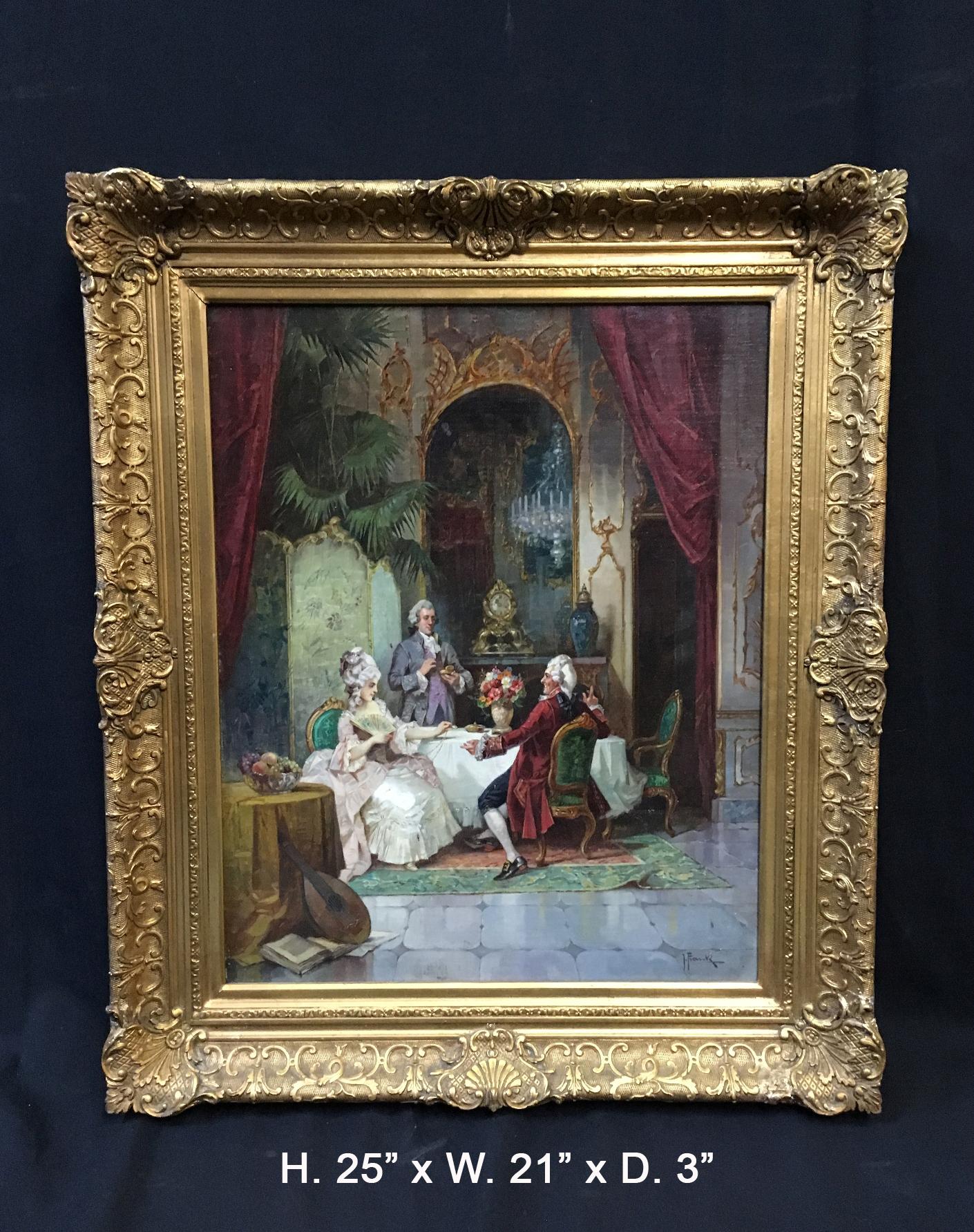 Exquisite French oil on canvas painting. 
Early 20th century.

The oil on canvas is depicting a salon scene with a lovely French couple dressed in traditional garments seated at the table with a Garçon serving. The setting is decorated in