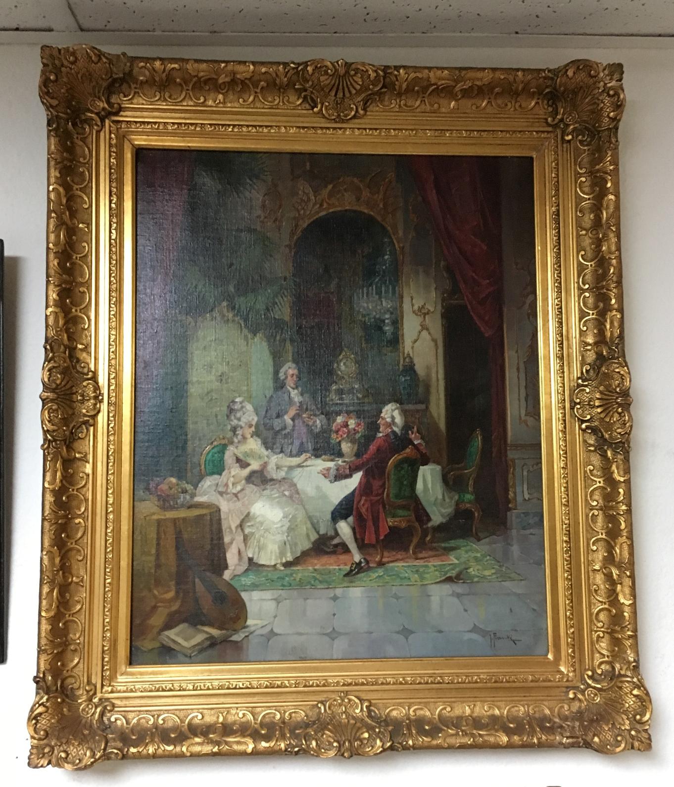 Gilt French Salon Scene Oil on Canvas Painting