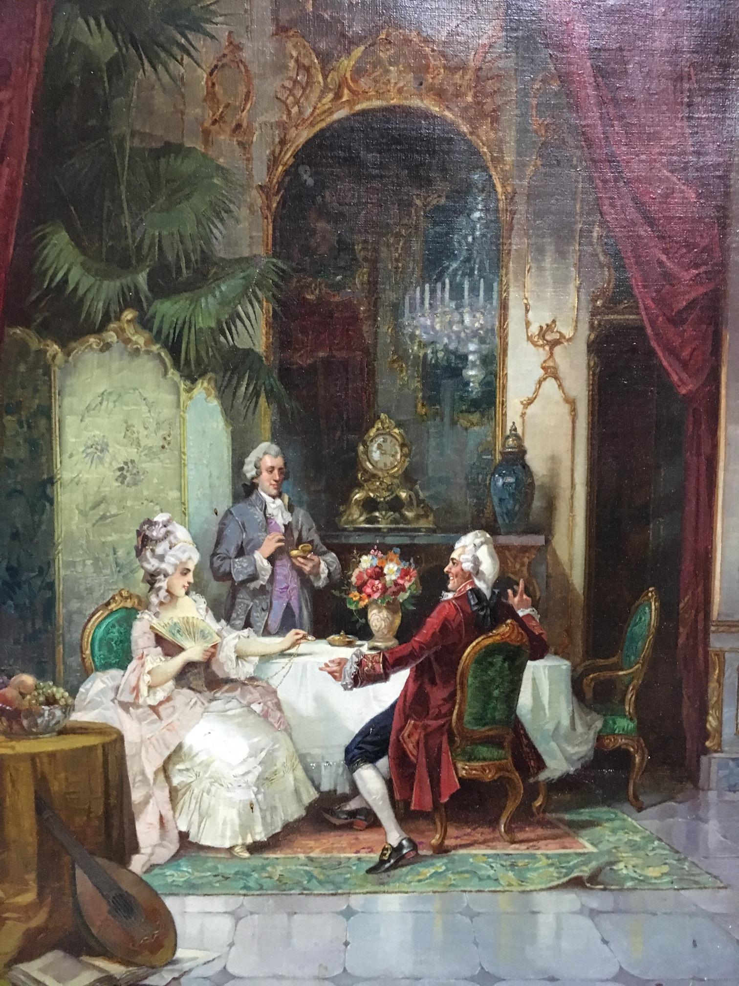 Gesso French Salon Scene Oil on Canvas Painting