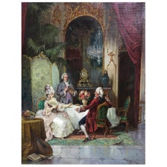 French Salon Scene Oil on Canvas Painting