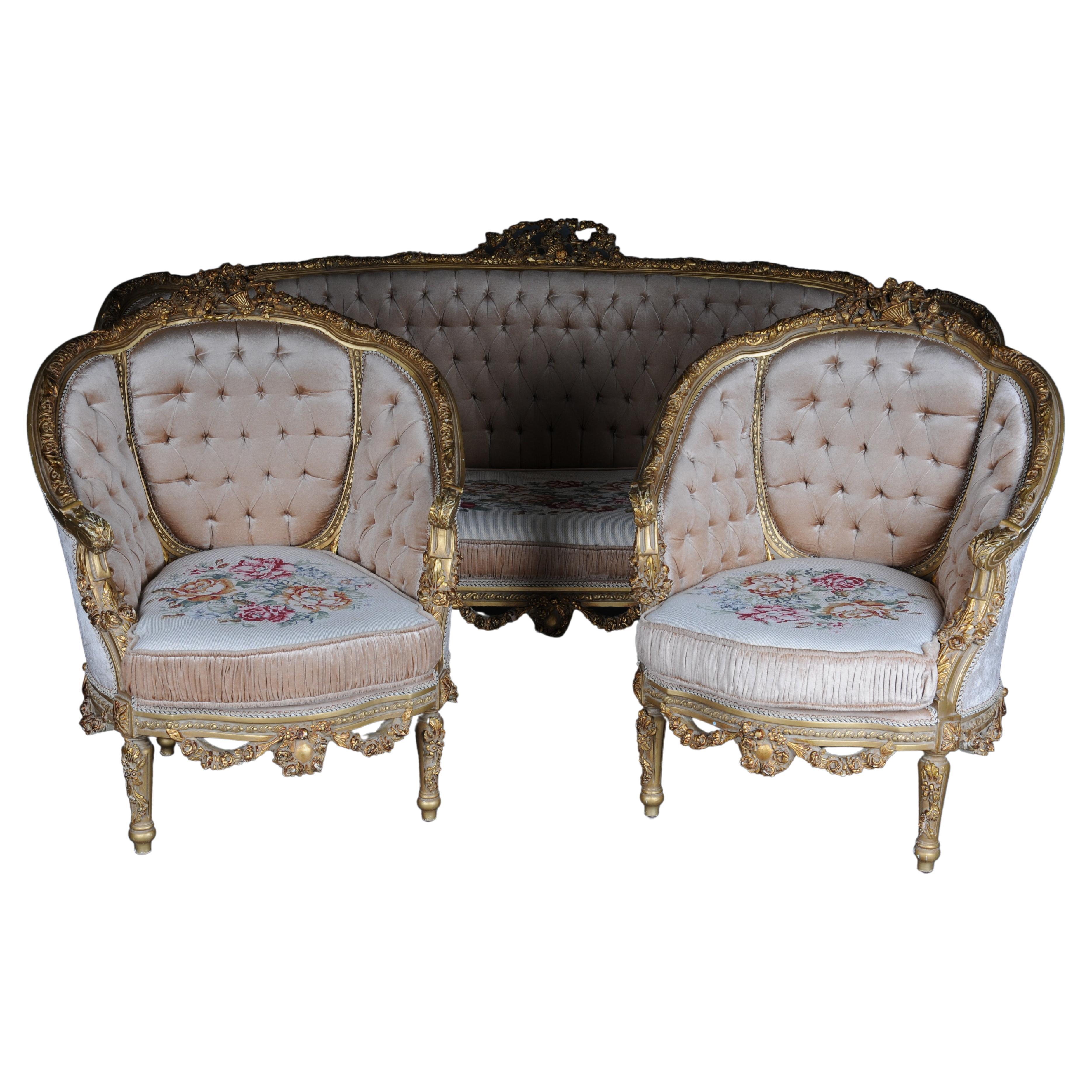 French Salon Seating Group Set Louis XVI Style, 20th Century Gold For Sale