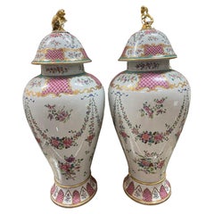 French Samson Lidded Porcelain Vases With Foo Dogs, A-Pair