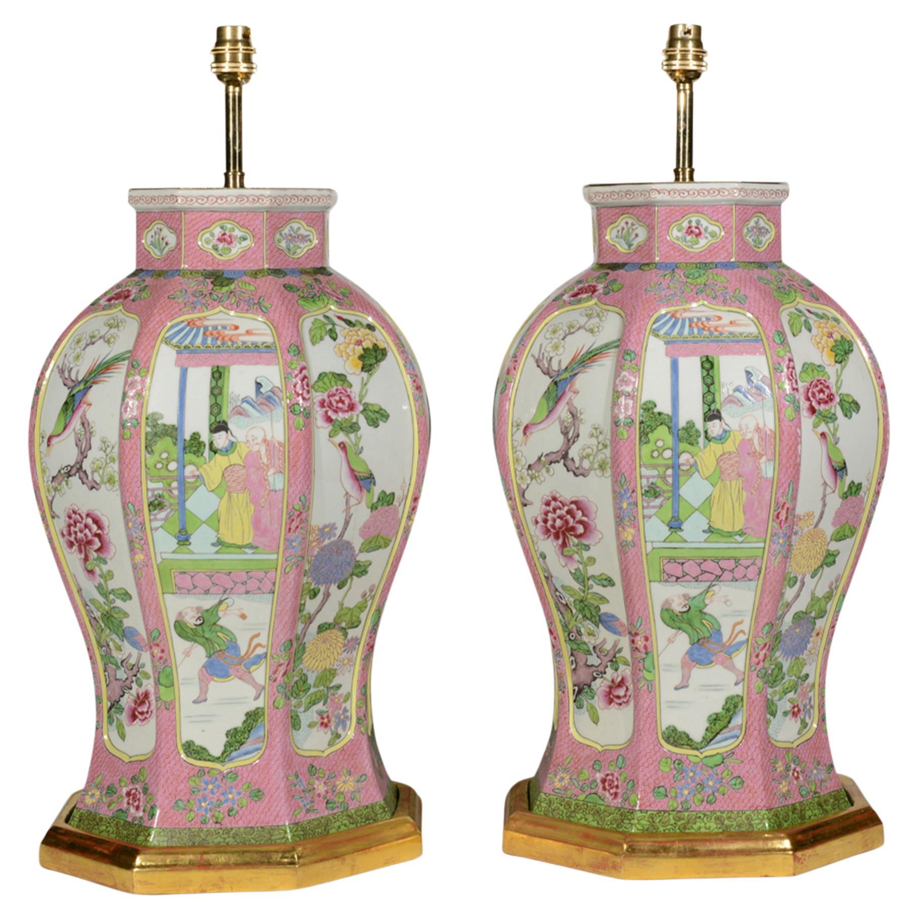 French Samson Pair of Large Famille Rose Palette Table Lamps, circa 1900
