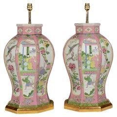 French Samson Pair of Large Famille Rose Palette Table Lamps, circa 1900