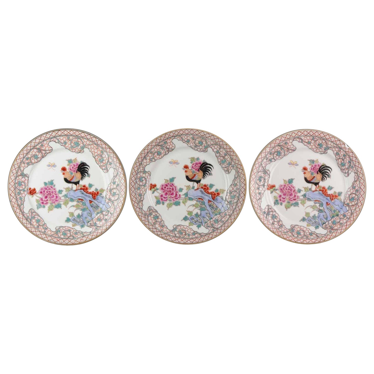 French Samsong Porcelain Dinnerware Plates Roosters Famille Rose, 20 Century