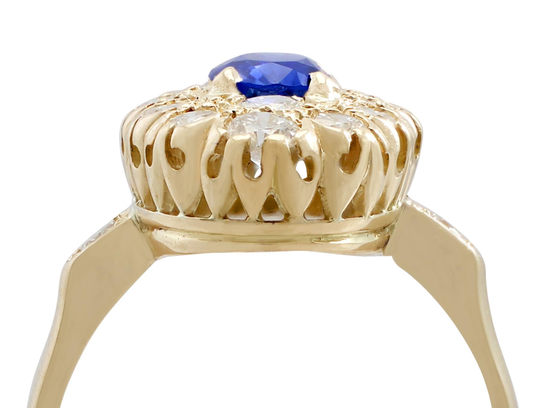 An impressive vintage French 0.85 carat blue sapphire and 0.74 carat diamond, 18 karat yellow gold cocktail ring; part of our diverse gemstone jewelry collections.

This fine and impressive oval sapphire and diamond ring has been crafted in 18k