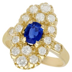 Vintage French Sapphire and Diamond Yellow Gold Cocktail Ring