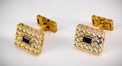 French Sapphire and Gold Basketweave Design Cufflinks