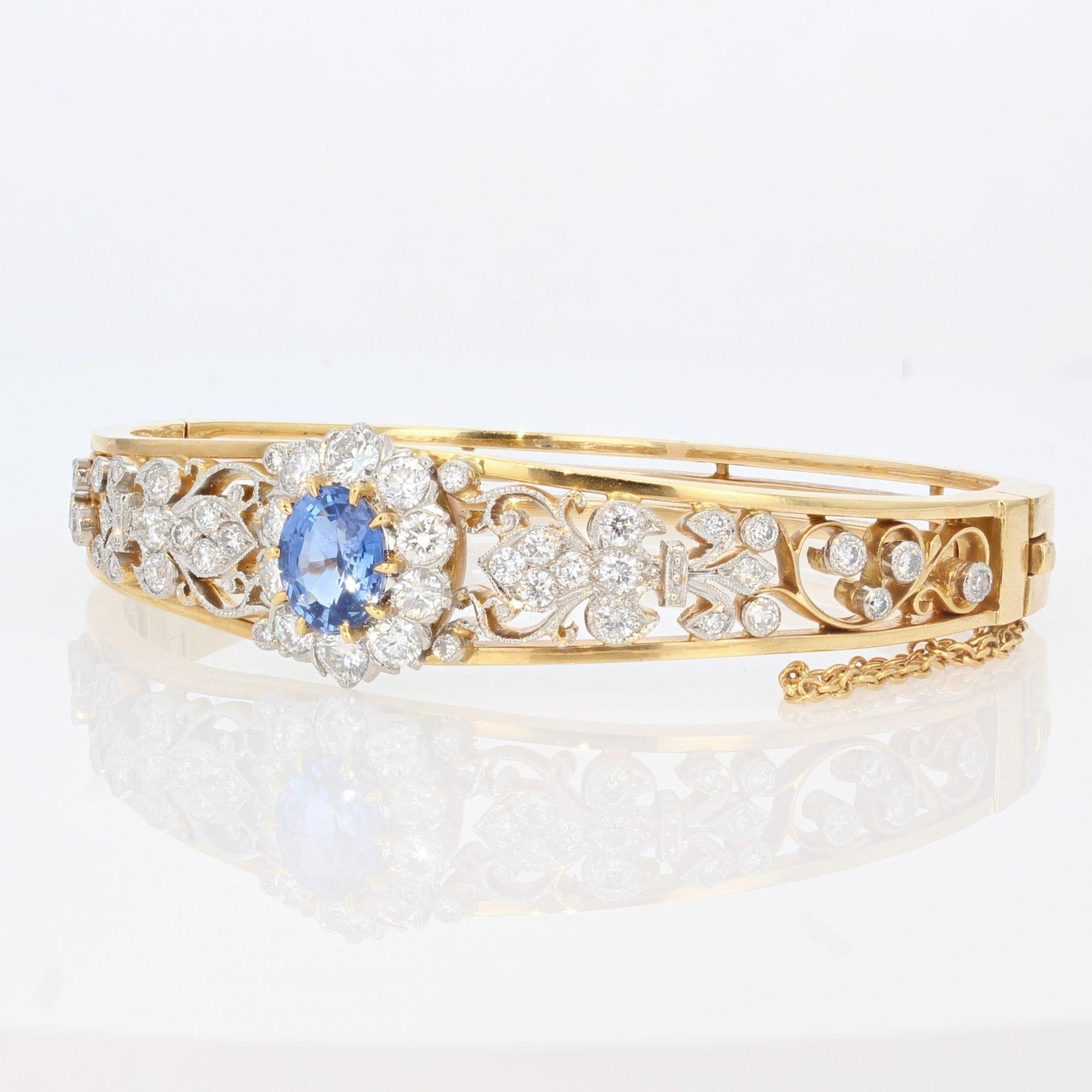 Napoleon III French Sapphire Diamond 18 Karat Yellow Gold Opening Bangle Bracelet 