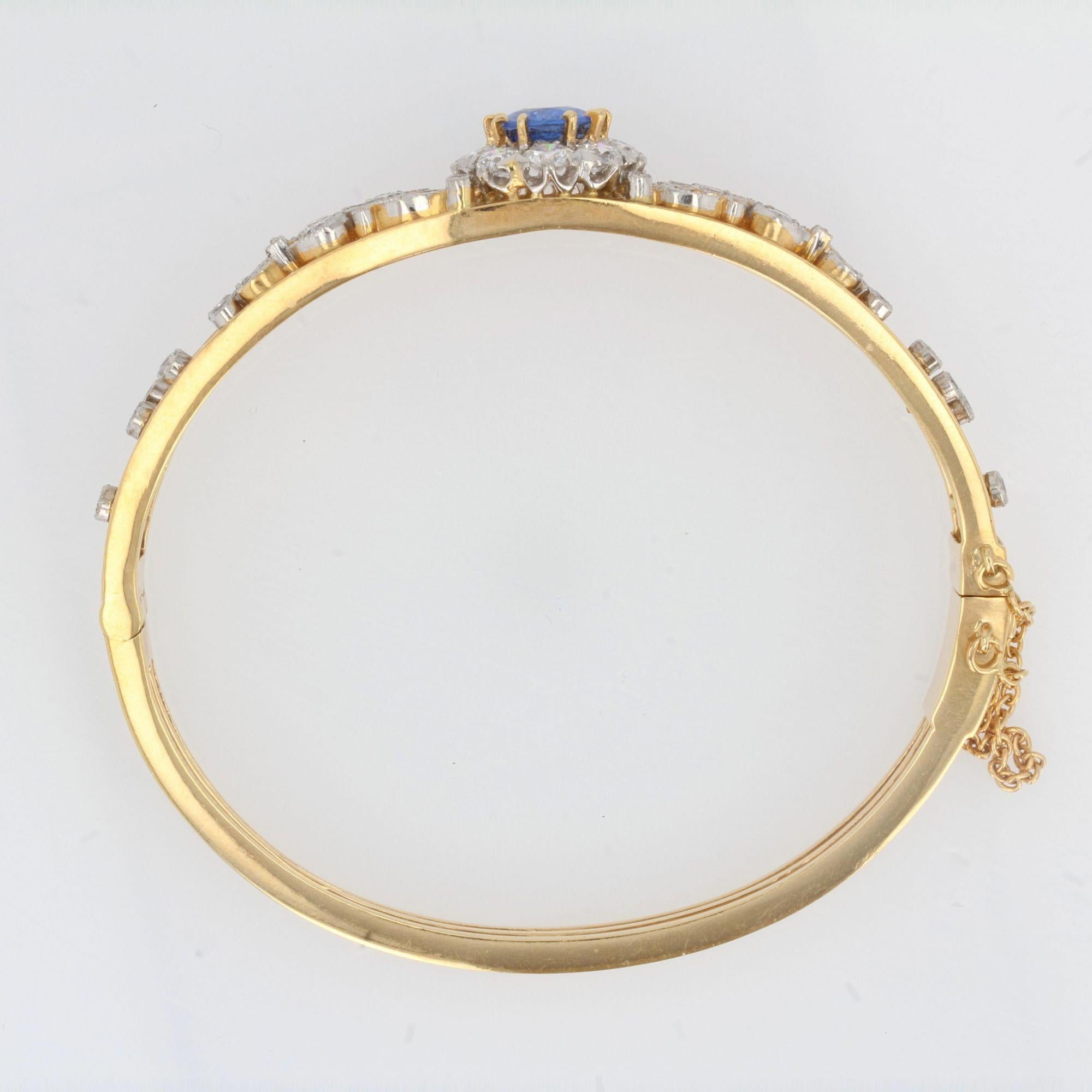 Women's French Sapphire Diamond 18 Karat Yellow Gold Opening Bangle Bracelet 