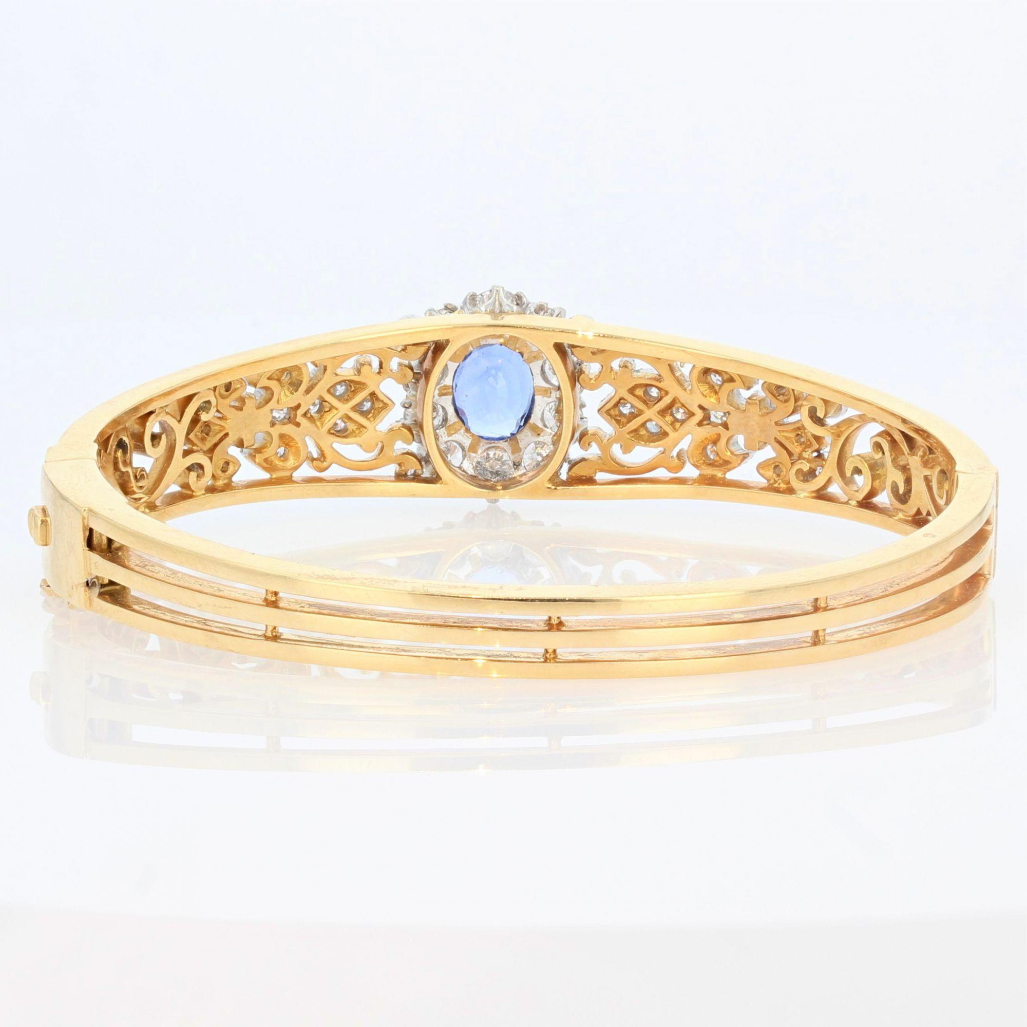French Sapphire Diamond 18 Karat Yellow Gold Opening Bangle Bracelet  1