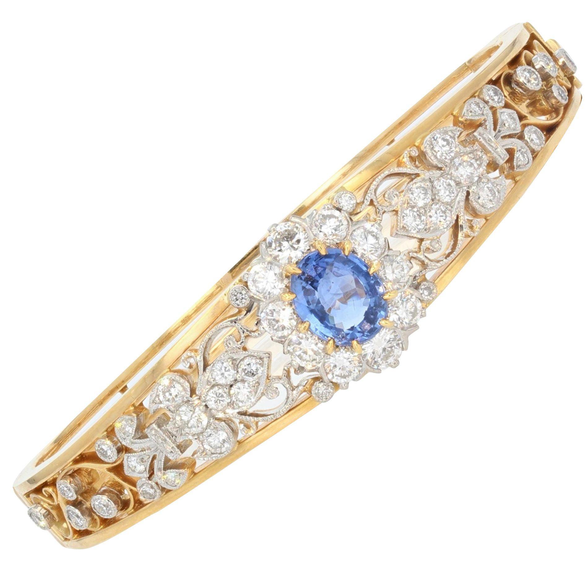 French Sapphire Diamond 18 Karat Yellow Gold Opening Bangle Bracelet 