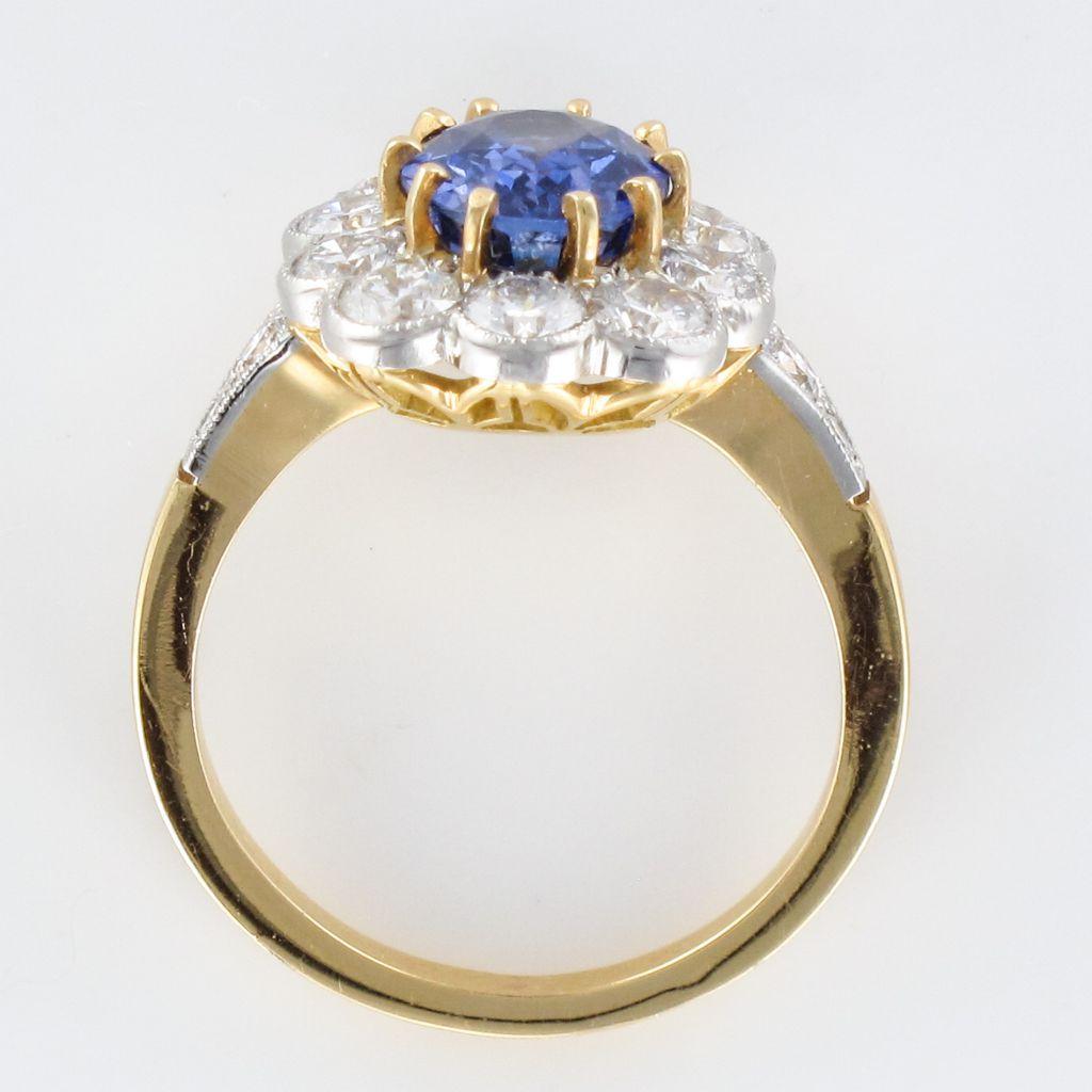 French Sapphire Diamond 18 Karat Yellow Gold Platinum Cluster Ring 3