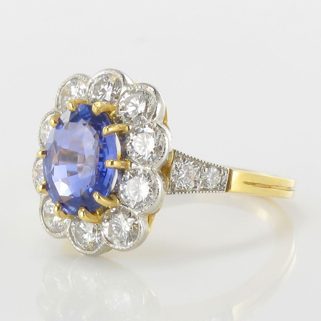 French Sapphire Diamond 18 Karat Yellow Gold Platinum Cluster Ring 4