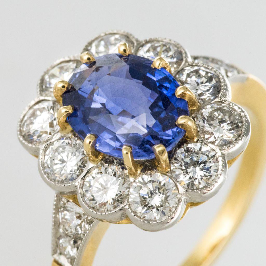 French Sapphire Diamond 18 Karat Yellow Gold Platinum Cluster Ring In New Condition In Poitiers, FR
