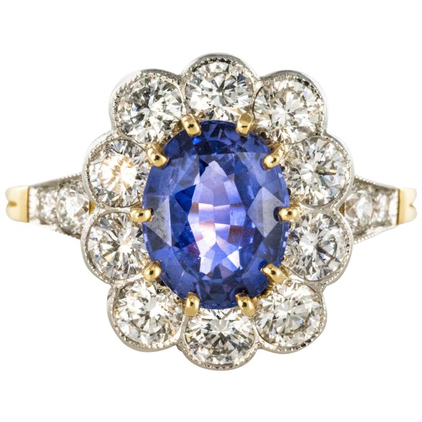 French Sapphire Diamond 18 Karat Yellow Gold Platinum Cluster Ring