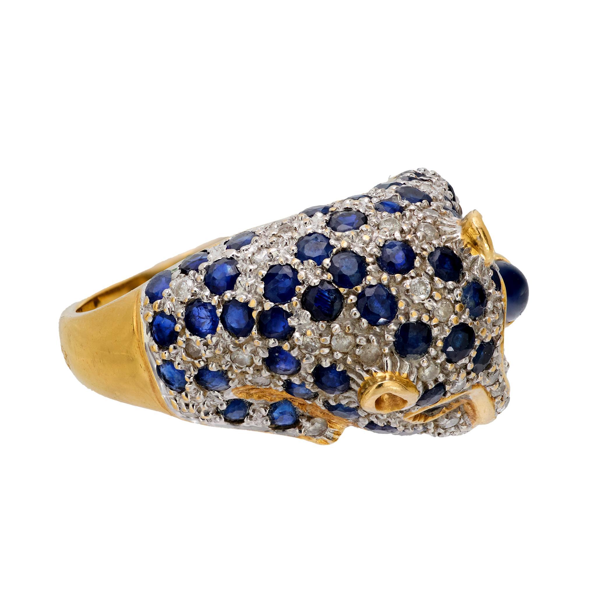 Cabochon French sapphire diamond 18k yellow and white gold panther ring For Sale