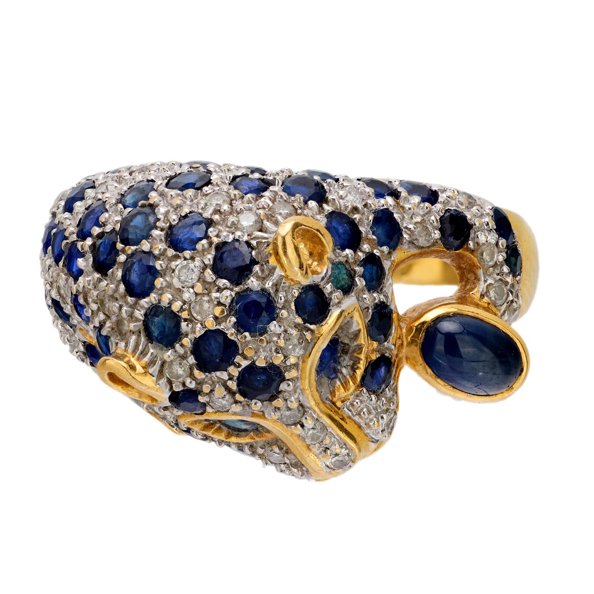 French sapphire diamond 18k yellow and white gold panther ring In Good Condition For Sale In Beverly Hills, CA