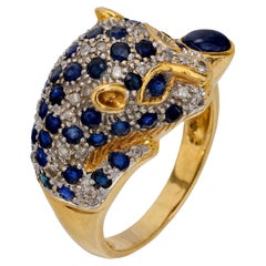 Anello pantera francese con zaffiro e diamante in oro giallo e bianco 18 carati