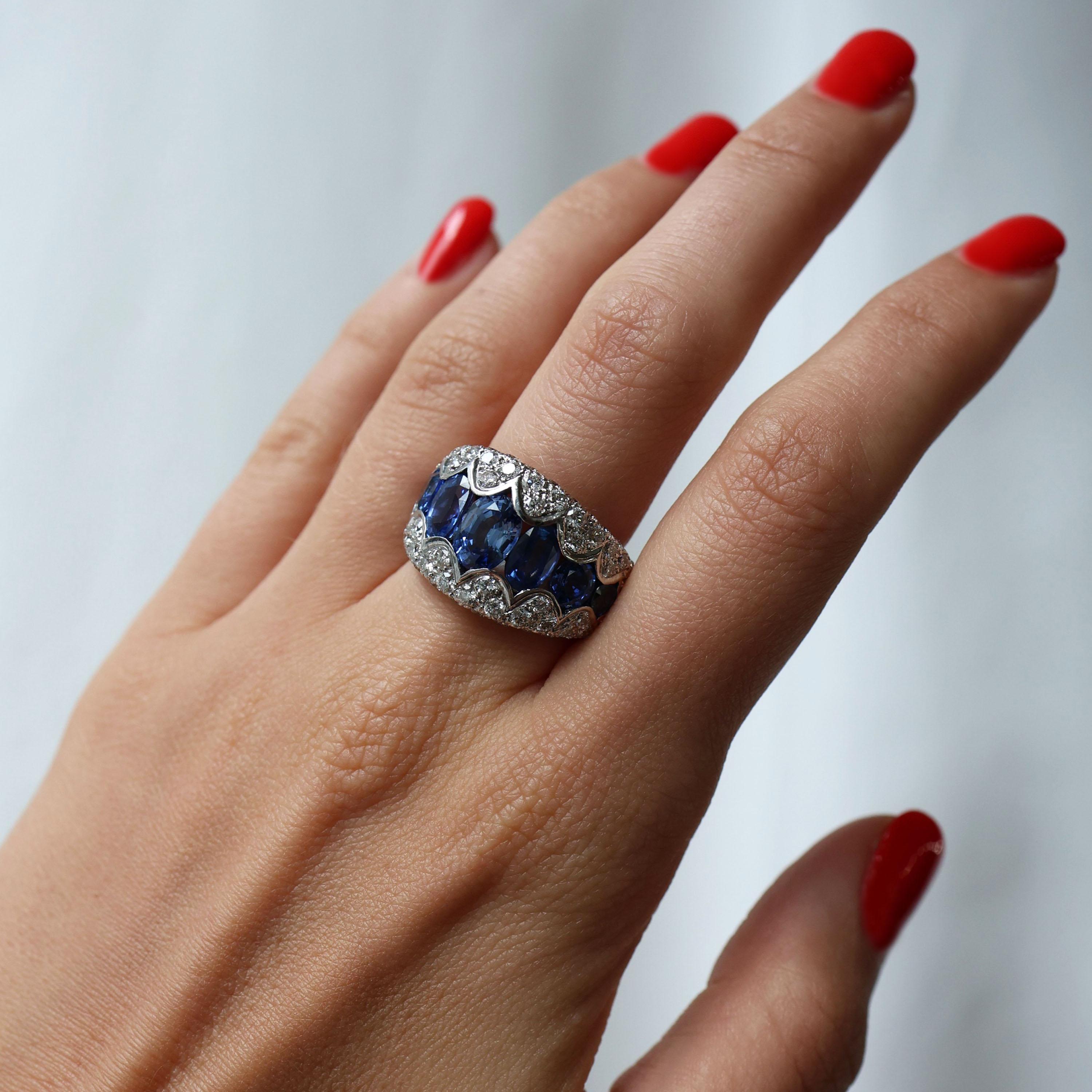 Oval Cut French Sapphire, Diamond and White Gold Ring, Circa 1990