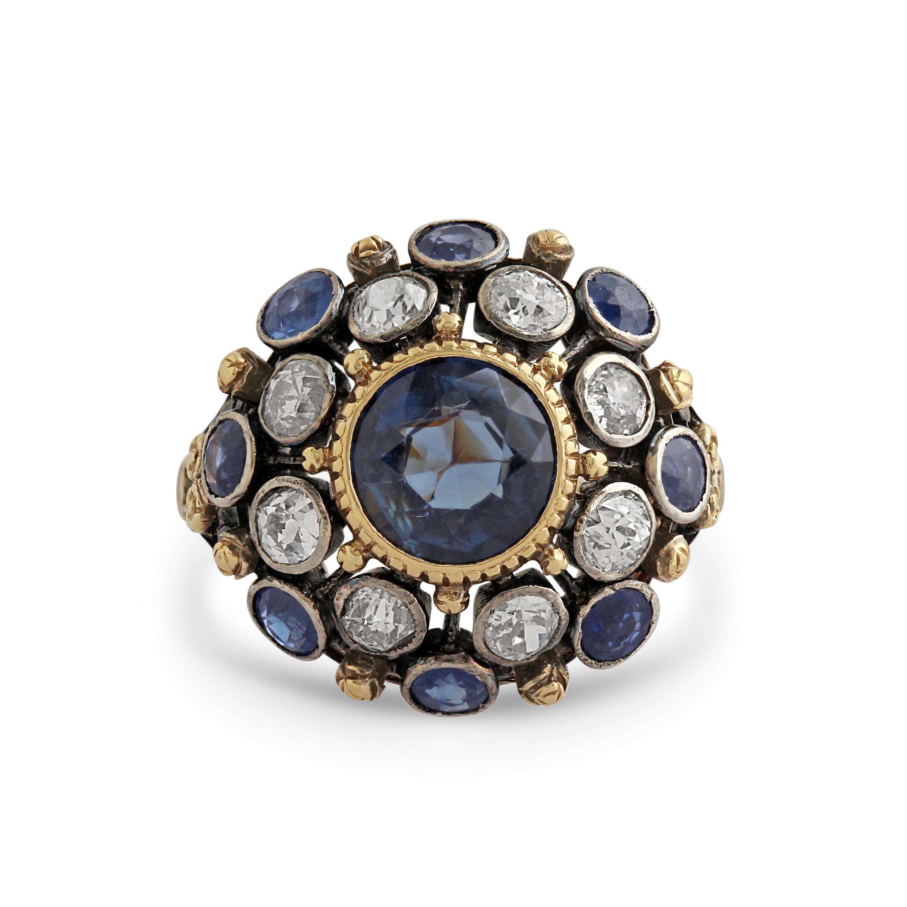Round Cut French Sapphire & Diamond Cluster Ring For Sale