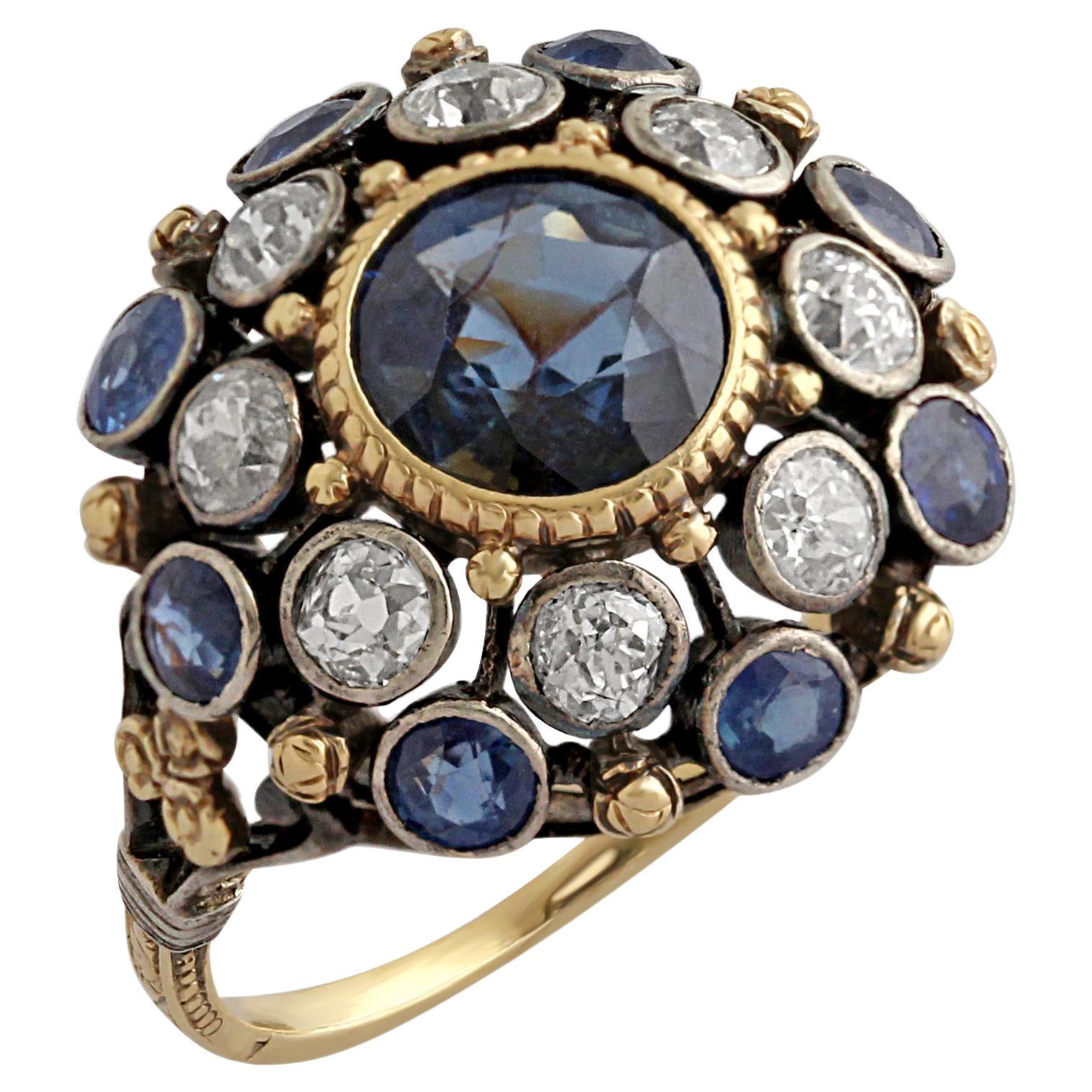 French Sapphire & Diamond Cluster Ring