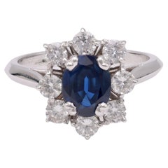 French Sapphire Diamond Platinum and White Gold Cluster Ring