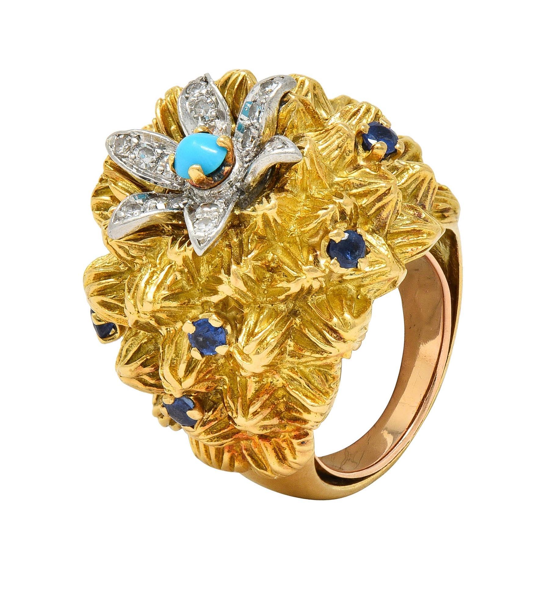 French Sapphire Diamond Turquoise Platinum 18 Karat Yellow Gold Cactus Ring 5