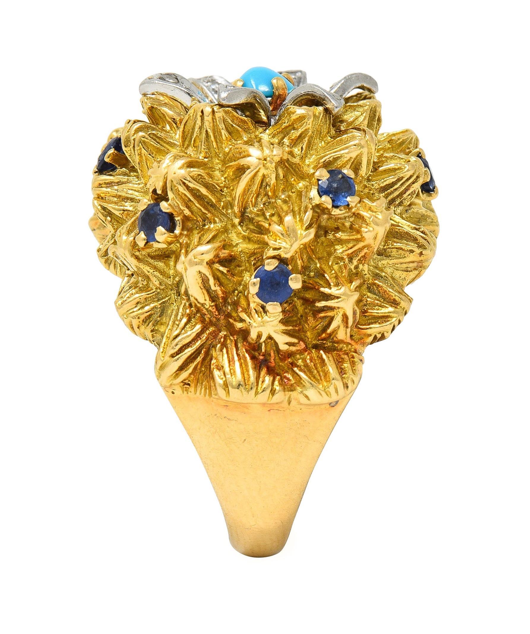 French Sapphire Diamond Turquoise Platinum 18 Karat Yellow Gold Cactus Ring 6