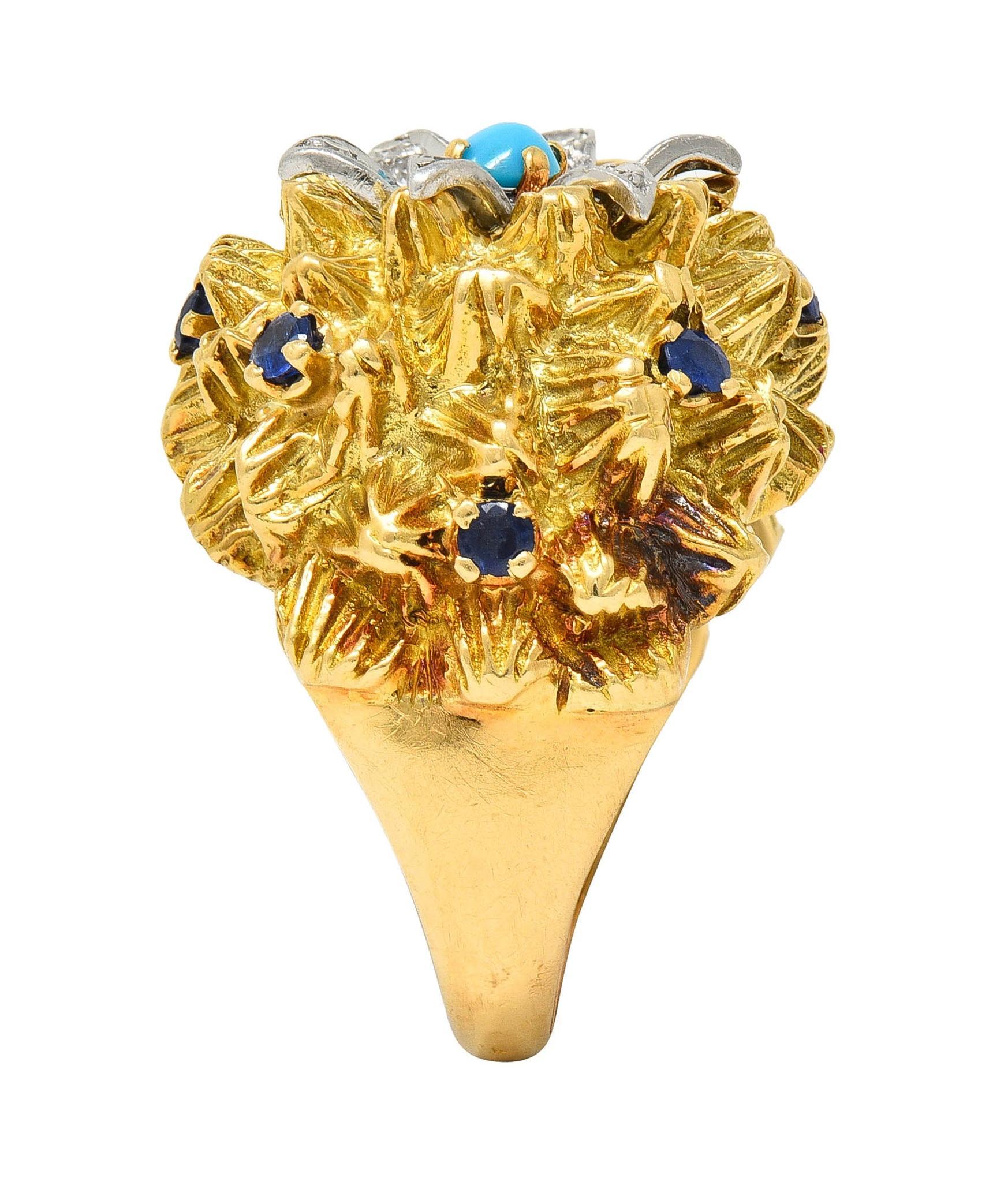 French Sapphire Diamond Turquoise Platinum 18 Karat Yellow Gold Cactus Ring 7