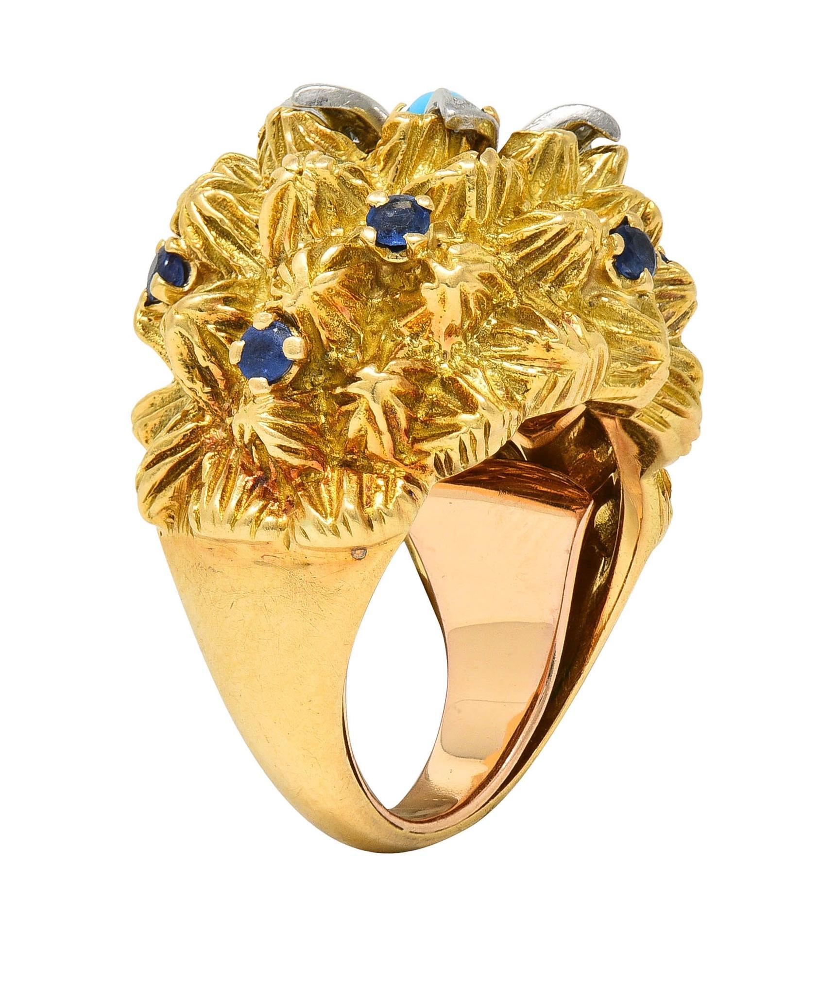 French Sapphire Diamond Turquoise Platinum 18 Karat Yellow Gold Cactus Ring 8