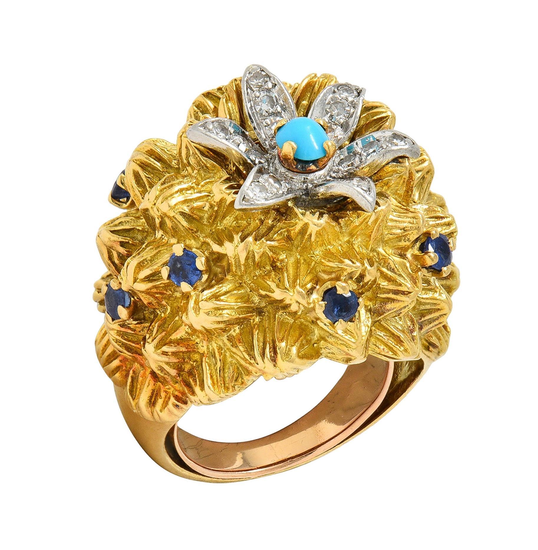 French Sapphire Diamond Turquoise Platinum 18 Karat Yellow Gold Cactus Ring 9