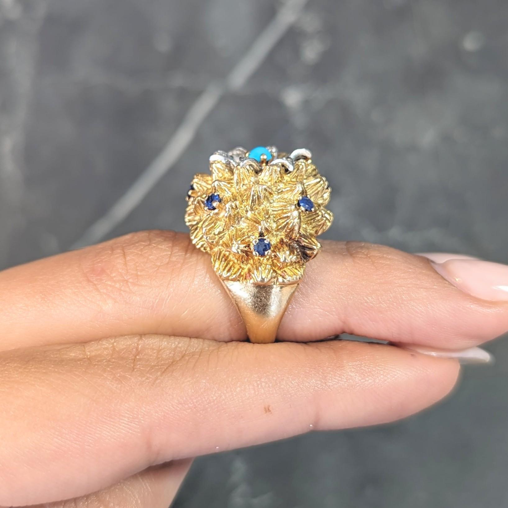 French Sapphire Diamond Turquoise Platinum 18 Karat Yellow Gold Cactus Ring 10