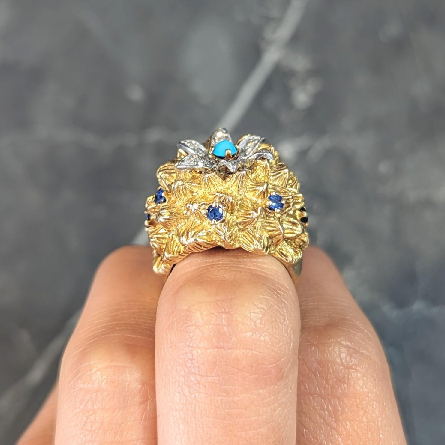 French Sapphire Diamond Turquoise Platinum 18 Karat Yellow Gold Cactus Ring 11