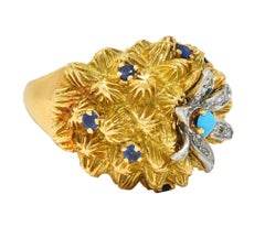 French Sapphire Diamond Turquoise Platinum 18 Karat Yellow Gold Cactus Ring