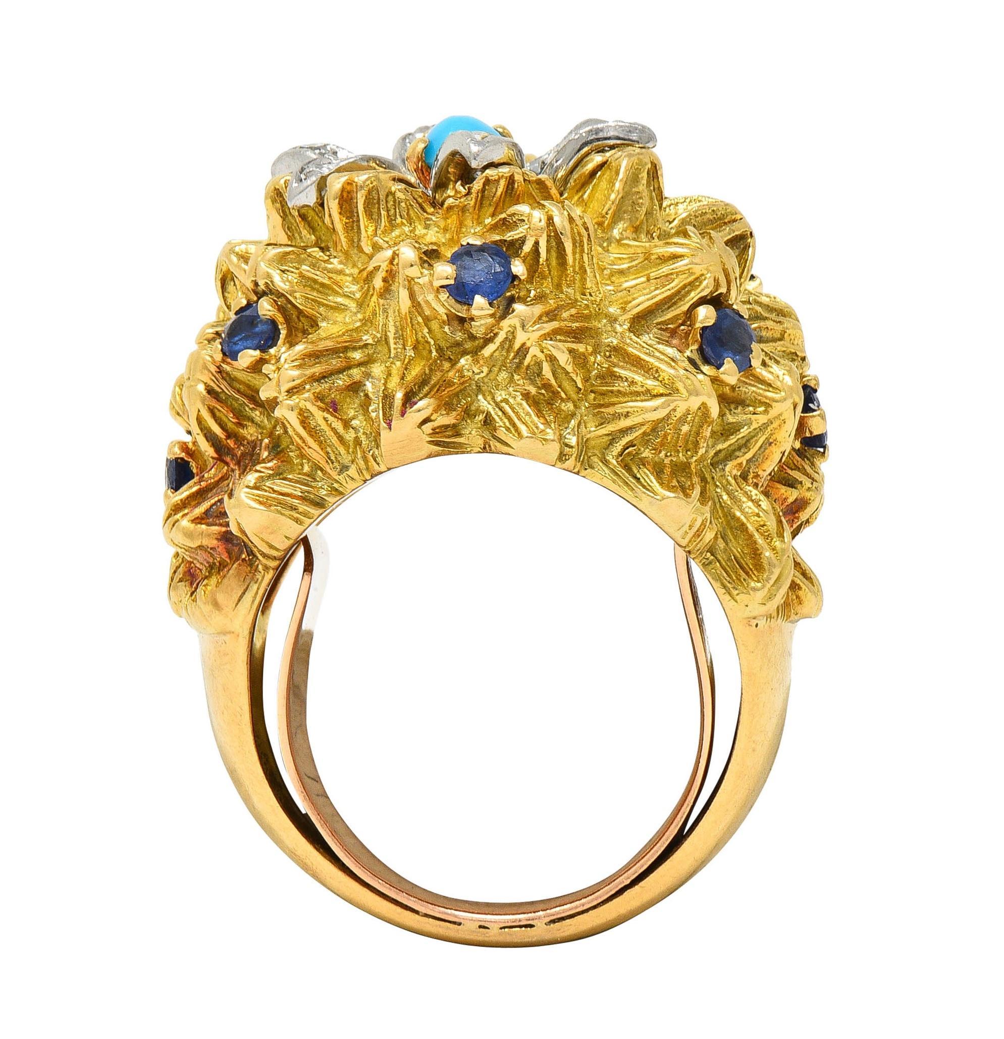 French Sapphire Diamond Turquoise Platinum 18 Karat Yellow Gold Cactus Ring In Excellent Condition In Philadelphia, PA
