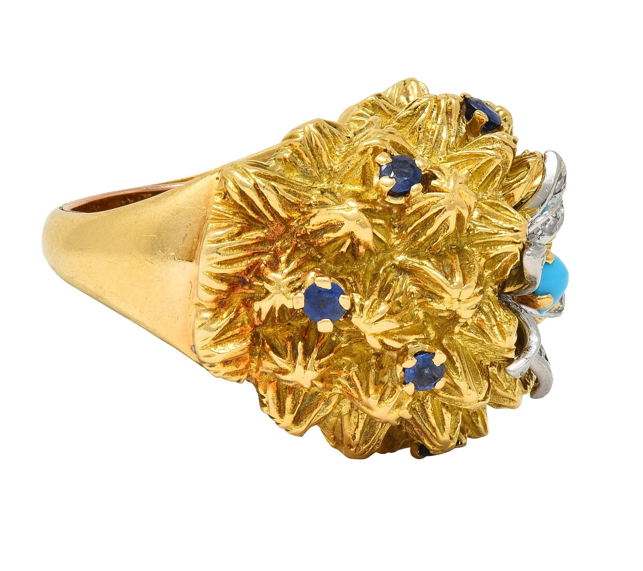 Women's or Men's French Sapphire Diamond Turquoise Platinum 18 Karat Yellow Gold Cactus Ring