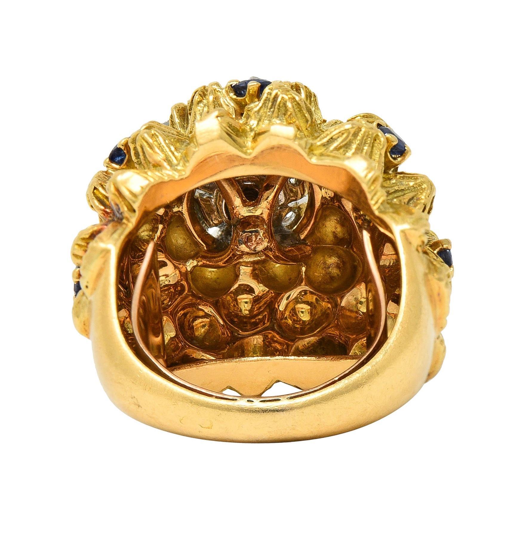 French Sapphire Diamond Turquoise Platinum 18 Karat Yellow Gold Cactus Ring 1